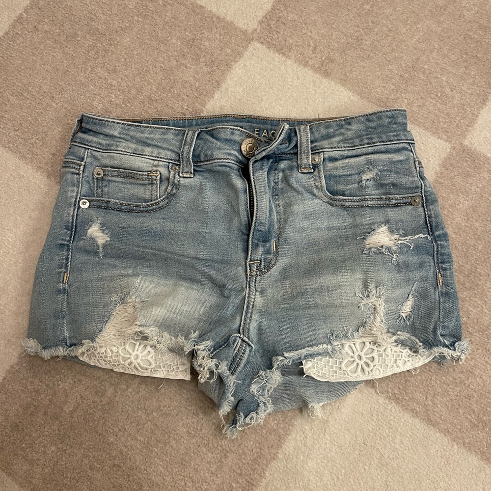 American Eagle Outfitters Blue Distressed Jean Shorts with Lace Detail